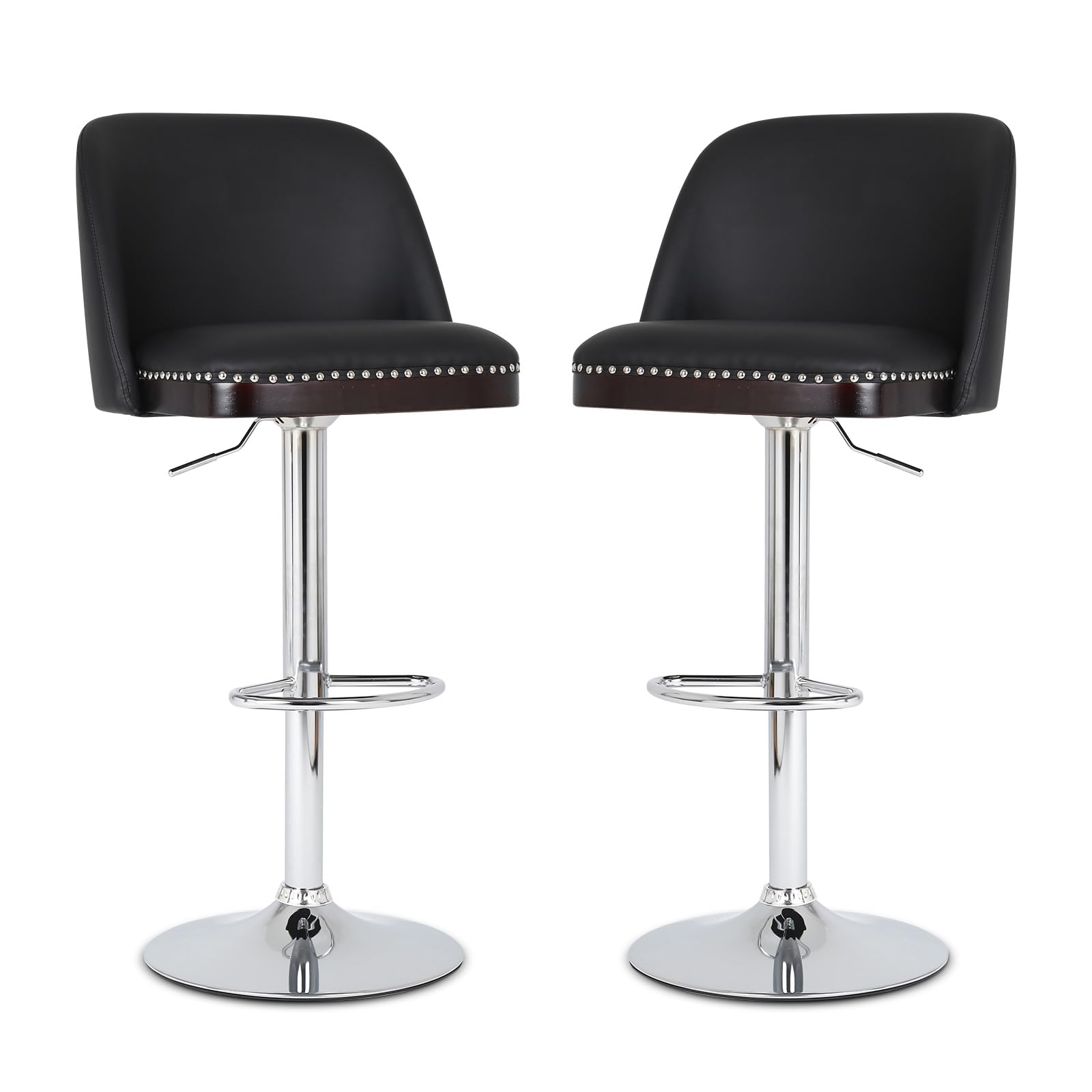COCONINO WJ Swivel Bar Stools Set of 2, Nailhead Trim Stools with Back for Kitchen Counter, Adjustable Height 26" to 34", Metal Base (PU in Black,