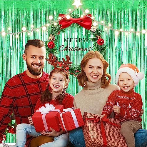Image of 2 Pack 3.28 ft x 6.56 ft Green Tinsel Curtain Party Backdrop Decorations, Metallic Foil Fringe Backdrop Door for Halloween, Christmas, Birthday Graduation Wedding Party Streamers Photo Backdrop.