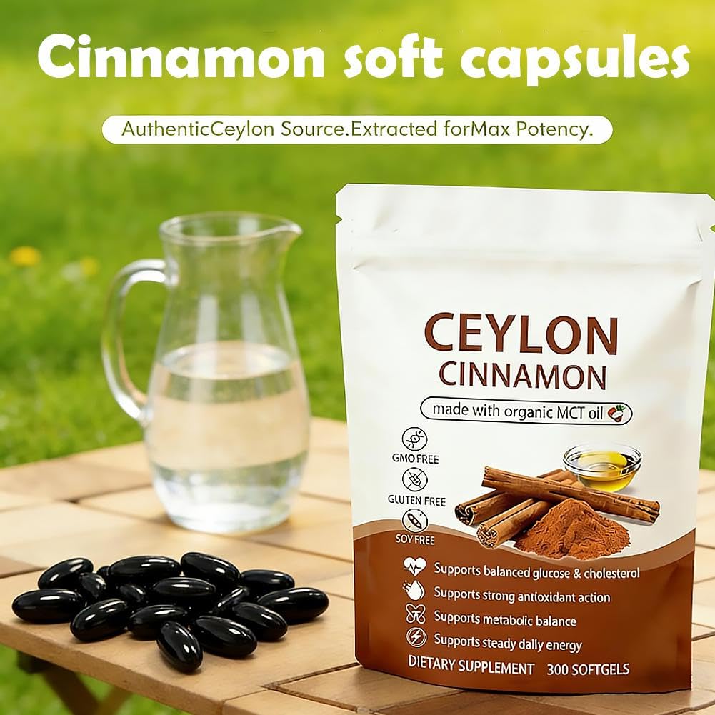 Ceylon Cinnamon Capsules z olejem MCT, wysoka absorpcja, bez GMO, bezglutenowe, 300 kapsułek żelowych
