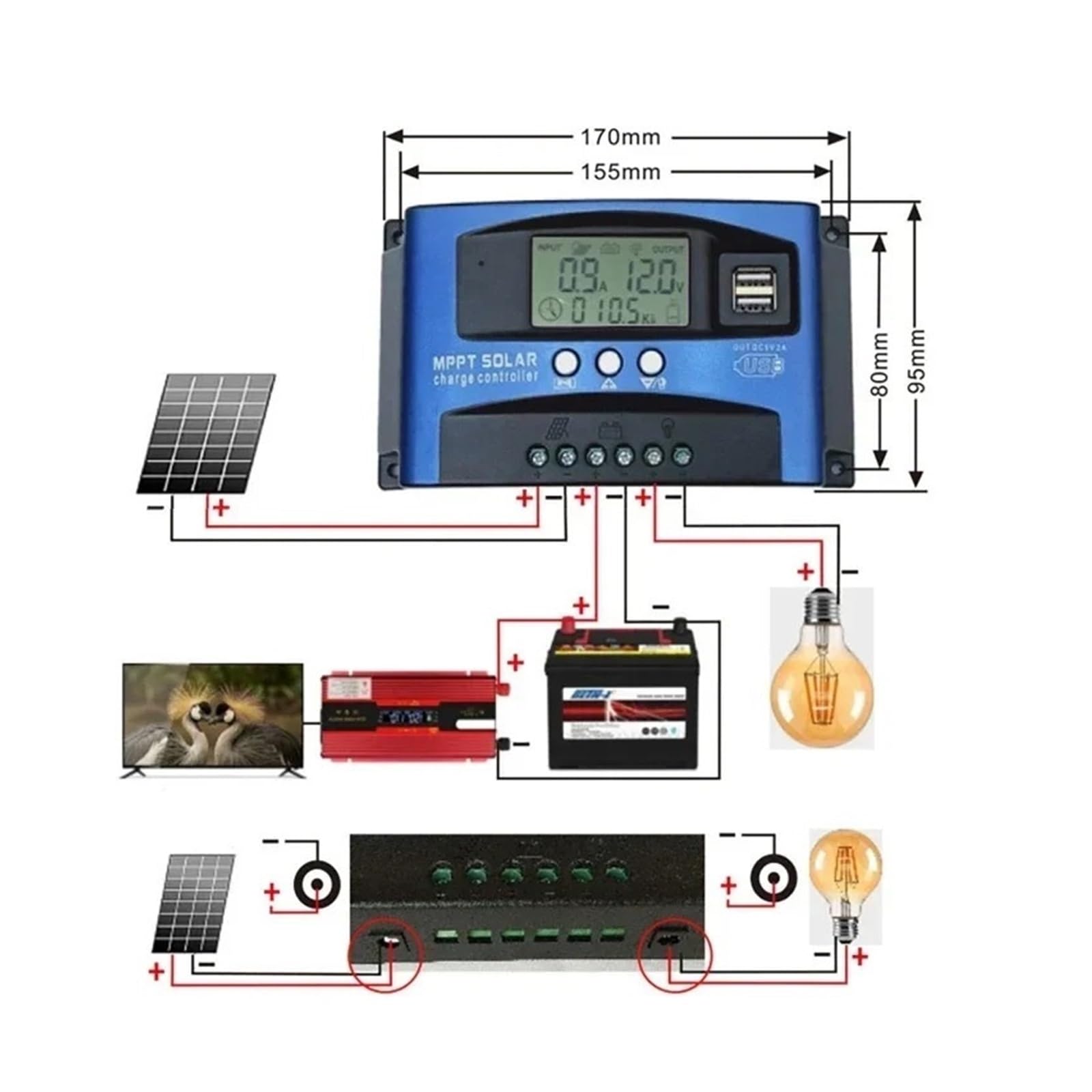 Kontroler ładowania słonecznego, MPPT Regulator Ładowania Słonecznego 30A-100A Bluetooth I WIFI Podwójny Wyświetlacz LCD USB 12V 24V Panel Ogniw Słonecznych Ładowarki Z Obciążeniem(12V24V BT,30A)
