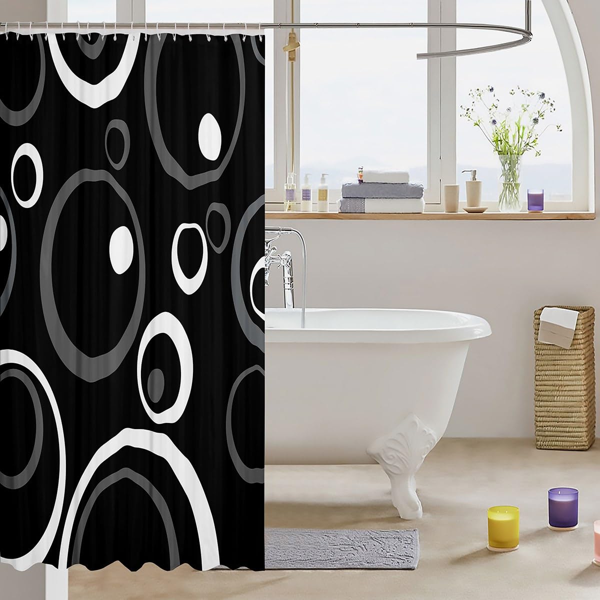 Tenda Da Doccia Moderna Astratta Geometrica, 180x180 Cm, Tessuto Impermeabile In Poliestere, Con 12 Ganci, Colori Nero Bianco Grigio - 2