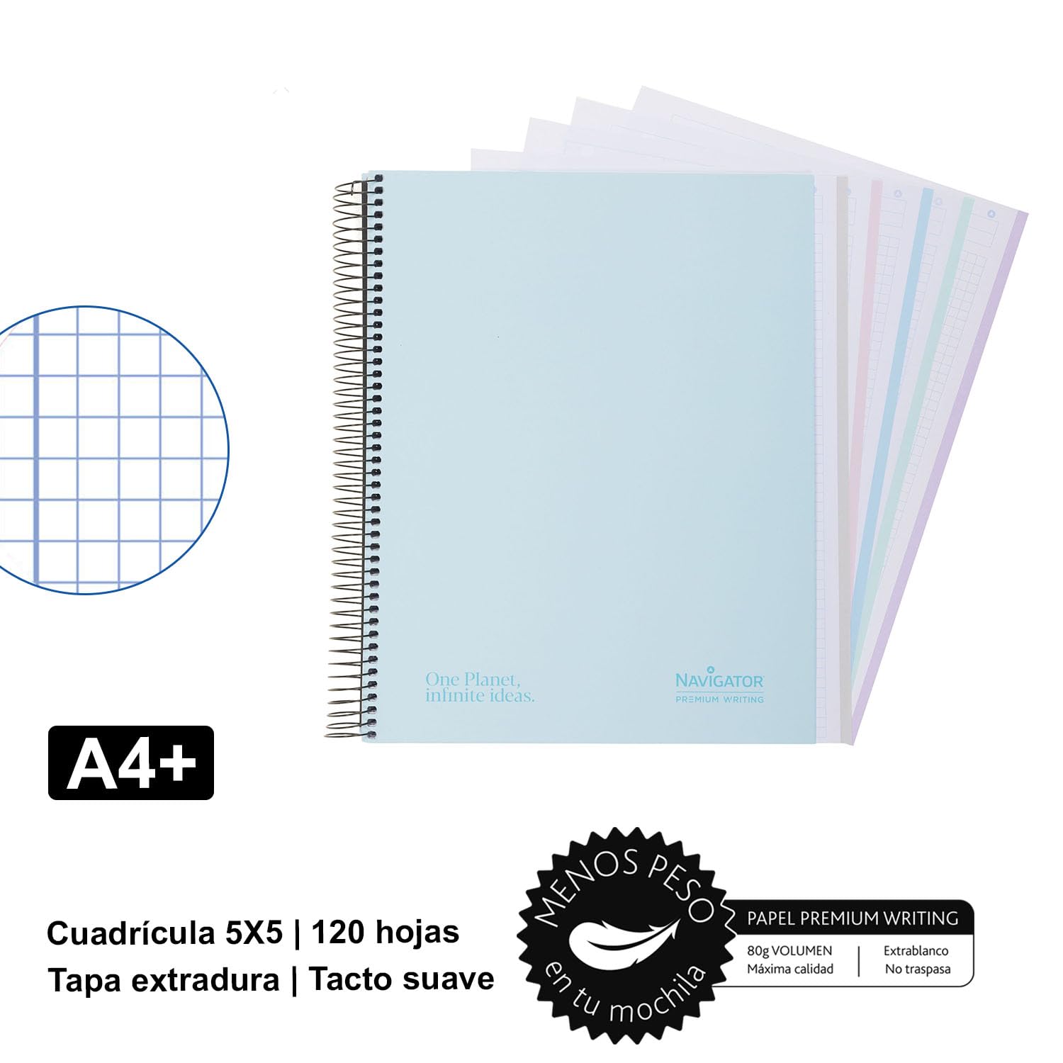 Navigator Cahier microperforé a4 + quadrillé 5 x 5 cm | Couvercle extra long | Bleu pastel | 5 bords couleur | papier 80 g | 120 feuilles 4 perceuses | spirale Coil-Lock | Papier Premium Writing