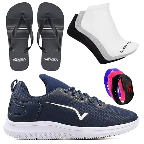 Tenis Masculino Feminino Casual Esportivo Academia + Chinelo Relogio 2 Meias Cor:Azul;Tamanho:34