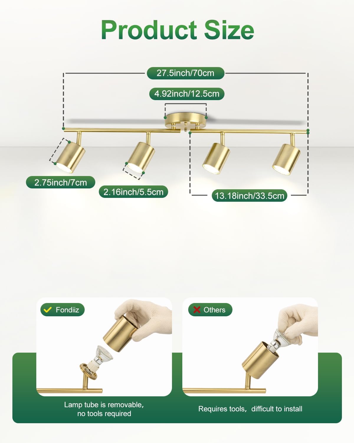4 Ways Track Lighting, Rotatable Heads Tracks Light, Track Lightings Fixtures Ceiling with Foldable Arms, Brushed Gold Tracks Light for Kitchen, Living Room, Hallway(Bulbs Not Included)