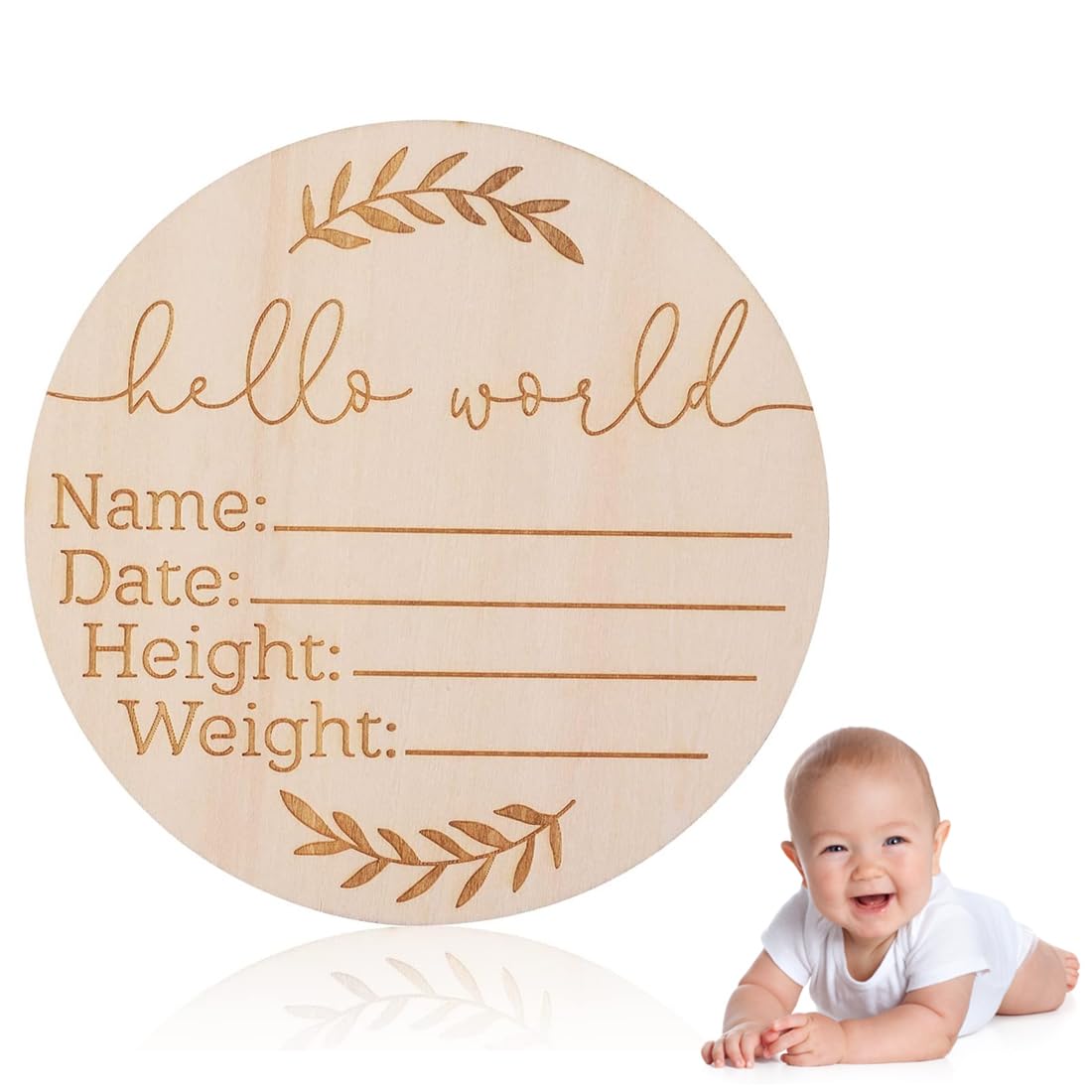 XUKZIMA 1 Pcs Baby Announcement Sign, 4.1 Inch Wooden Hello World Baby Sign Newborn Welcome Sign Birth Announcement Sign for Hospital Baby Shower Photo Prop Home Decorations