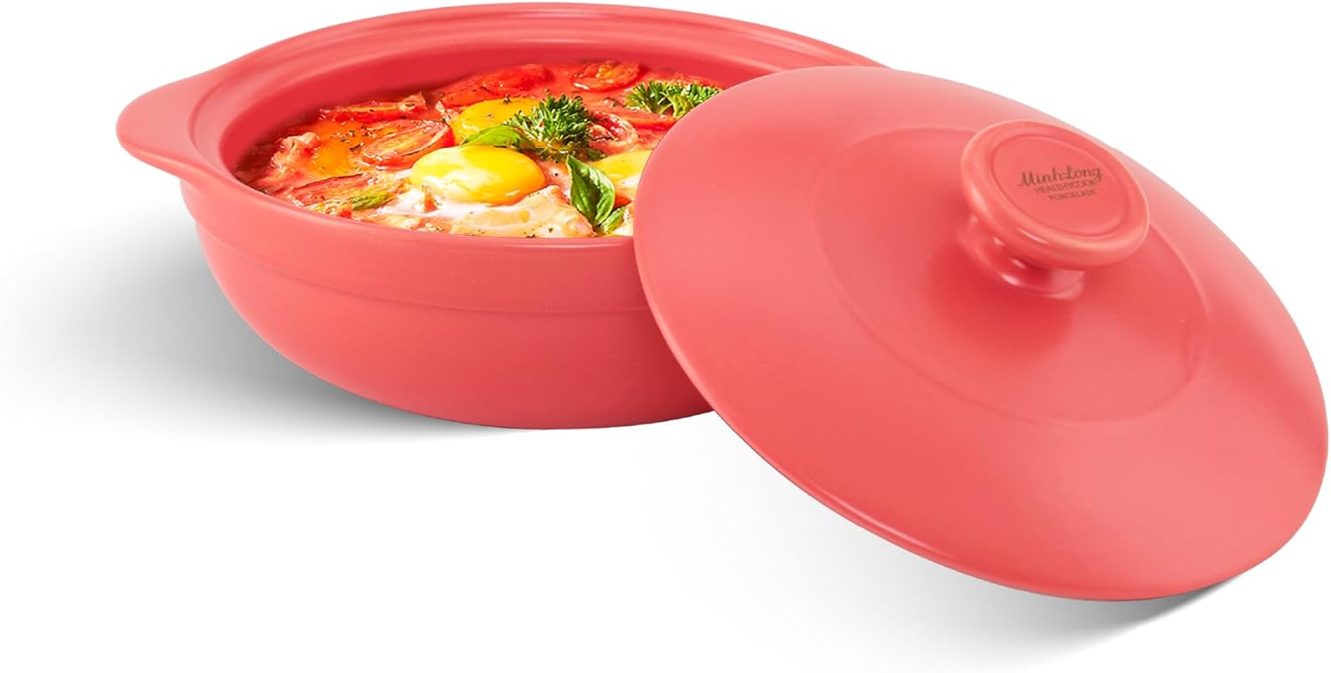 MINH LONG 1-Qt Porcelain Dutch Oven with Lid  Lead & Cadmium Free, Oven Safe to 482F, Heat Retention, Clay Pot for Cooking on Gas & Infrared Cooktop, Use to Marinate, Cook, Bake, Refrigerate & Serve