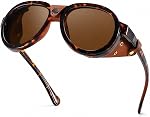 Retro Aviator Polarized Steampunk Sunglasses Men Women with Leather Side Shield Vintage Goggles Gothic