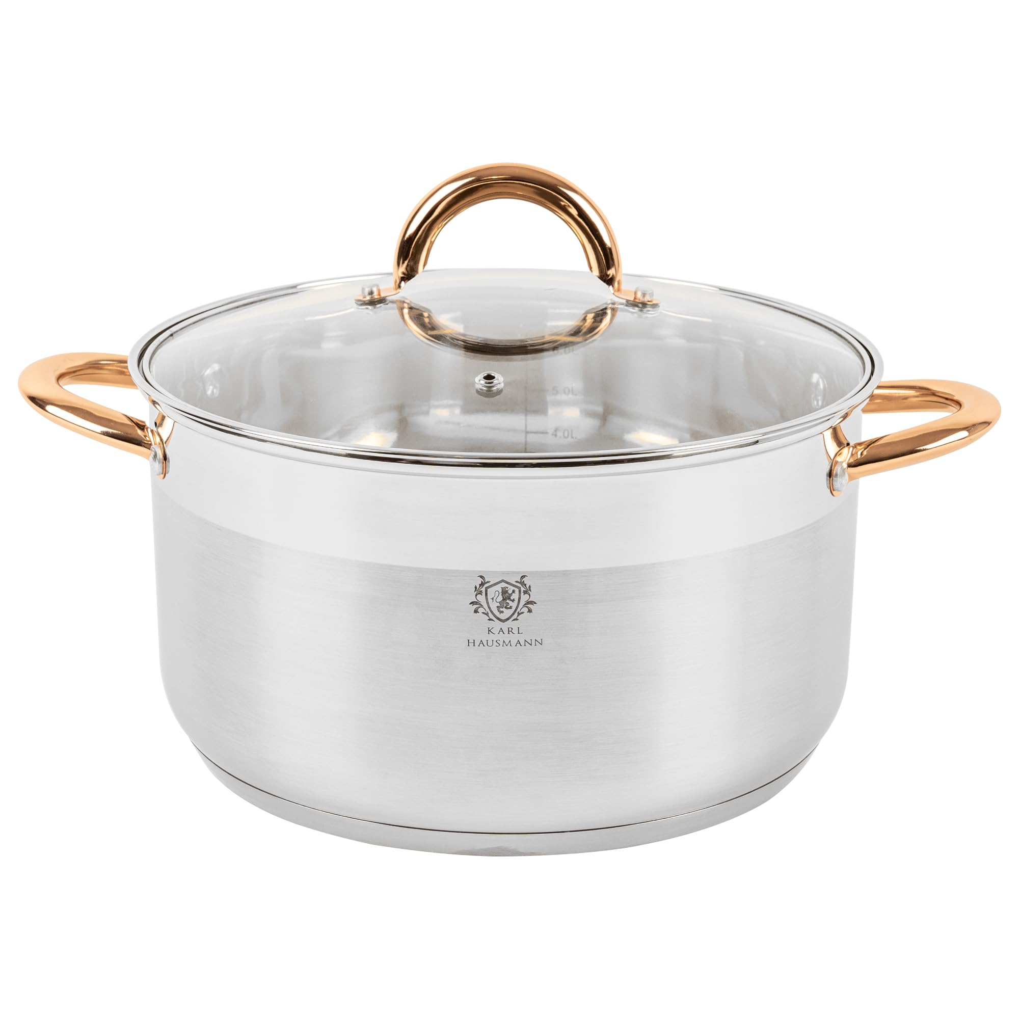 KARL HAUSMANN Olla Inox para Inducción 5 L Ø 24 cm | Cacerola grande inox con asas color cobre, 5 litros total, tapa de cristal y fondo de 3 capas de 1 cm
