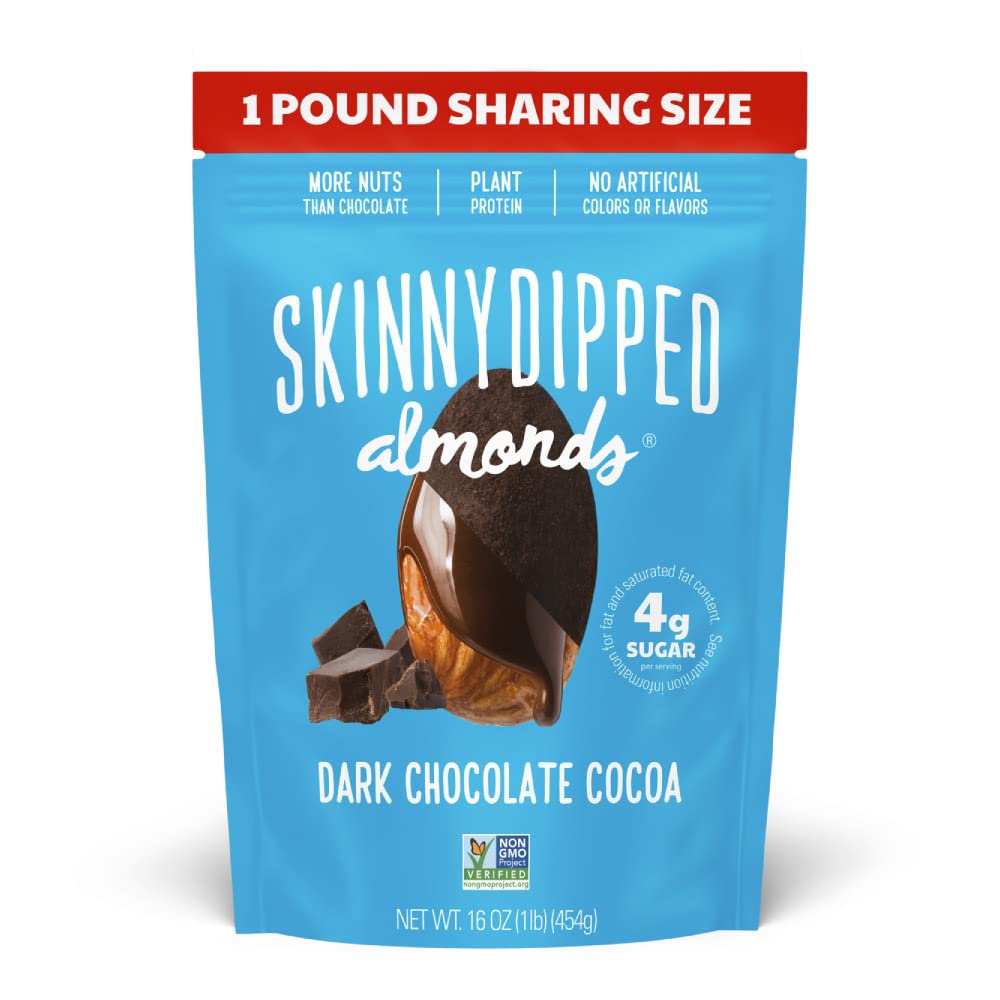 SKINNYDIPPEDDark Chocolate Cocoa Almonds, 1lb Bag, Healthy Snack, Plant Protein, Gluten Free, Pack of 1