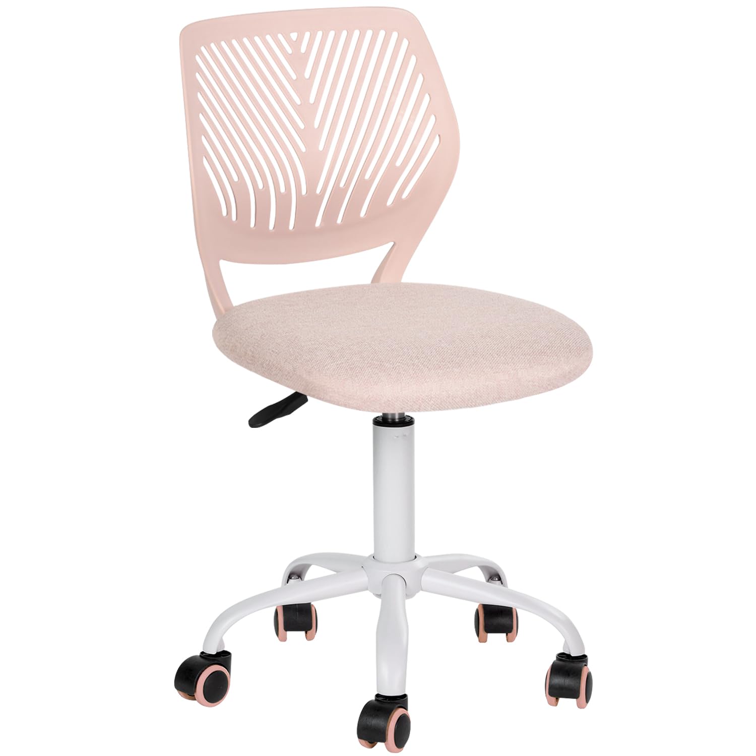 FurnitureR Pink Kids Desk Chair, Swivel Adjustable Study Chair with Fabric Cushion and Rolling Wheels, Armless Lightweight Task Chair for Cozy Study