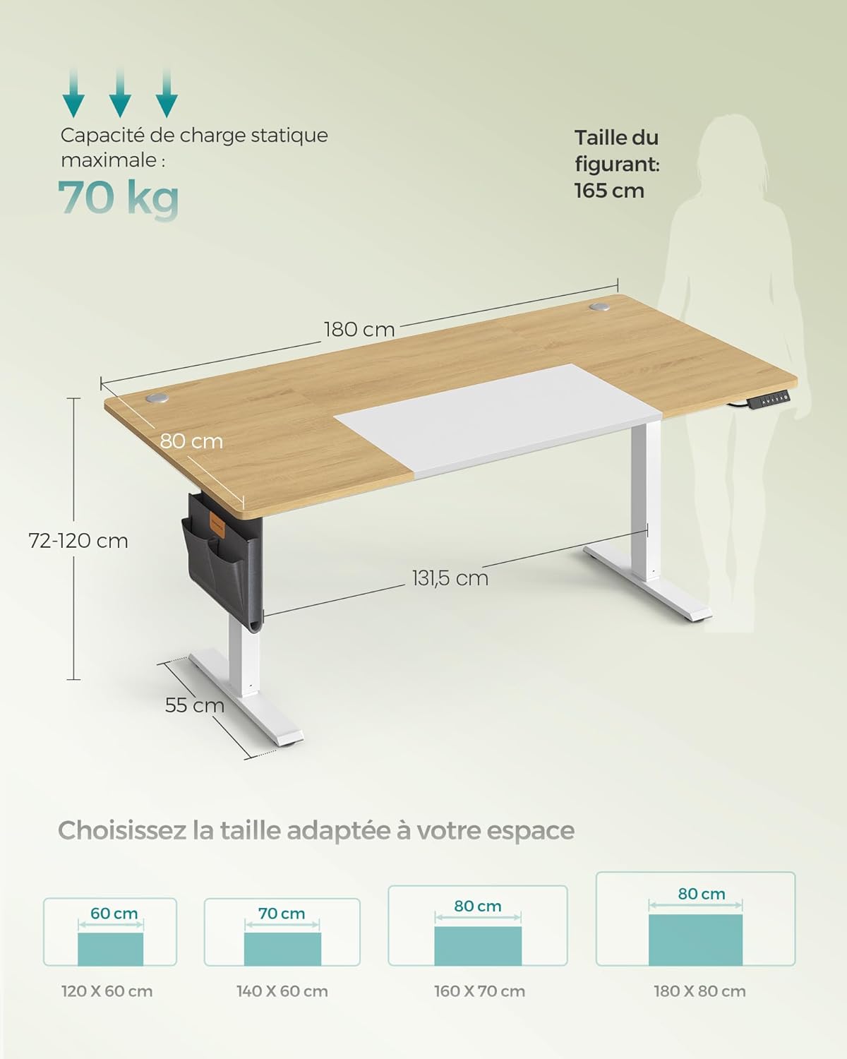 Diagram showing the dimensions of the desk: 180 cm length, 80 cm width, and height adjustable from 72 cm to 120 cm. Also indicates a maximum static load capacity of 70 kg.