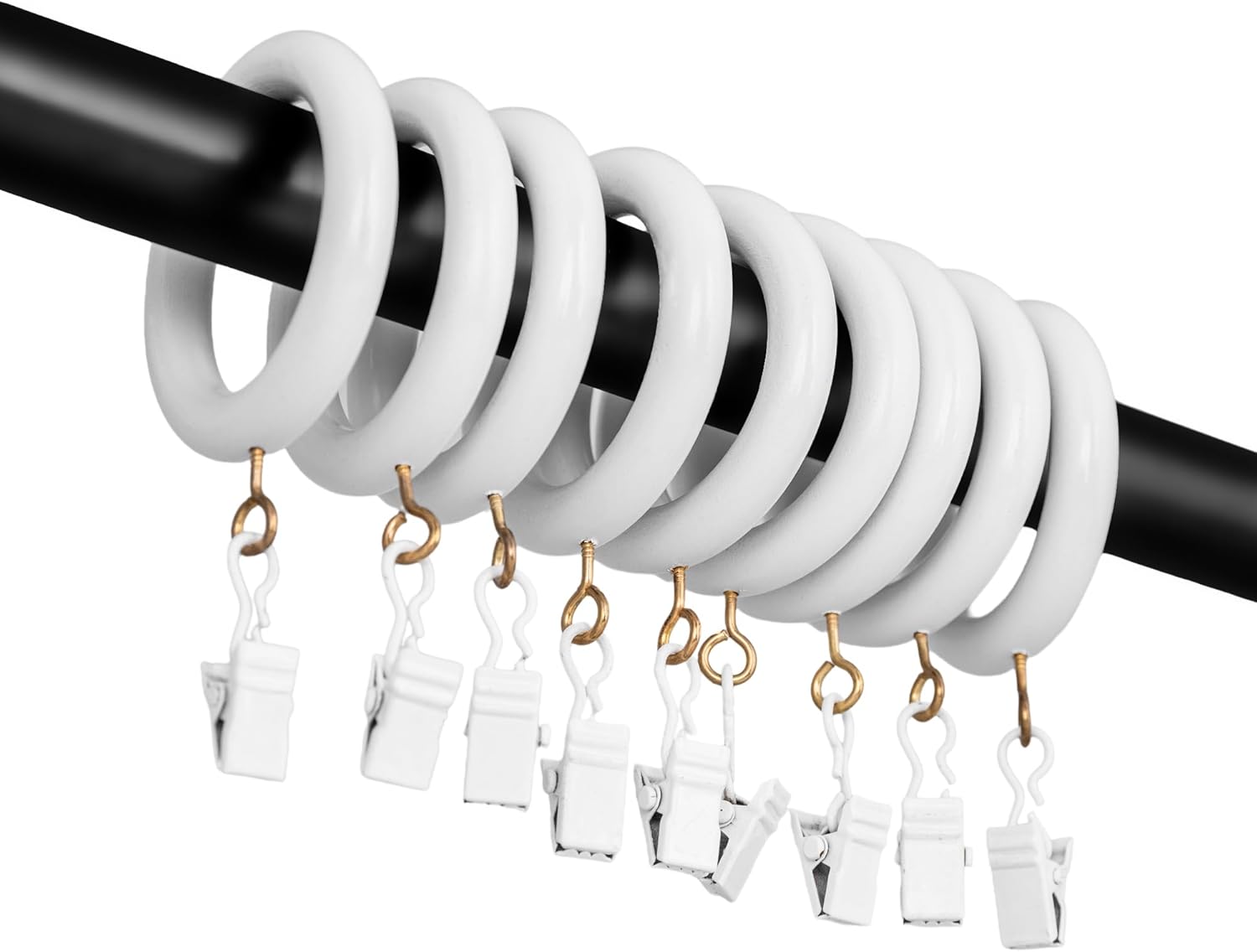 White Curtain Clip Rings with Hooks – Polished Shower & Drapery Rings – 3 Inch Outer, 2.2 Inch Inner Diameter – Set of 48