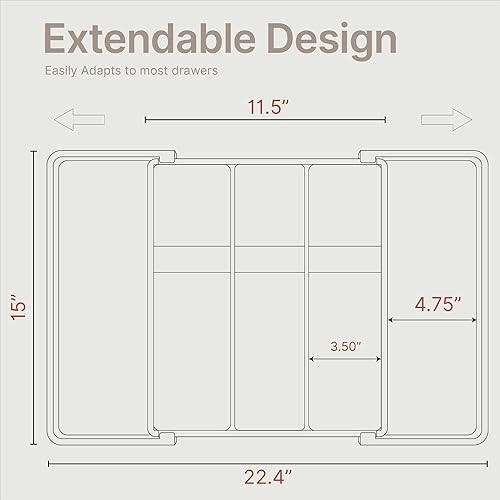 Miniatura 3 de Organizador de cajones de utensilios expandible negro, 1 paquete, ajustable de 13 a 22.4 pulgadas, organizador de cubiertos de 5 compartimentos para