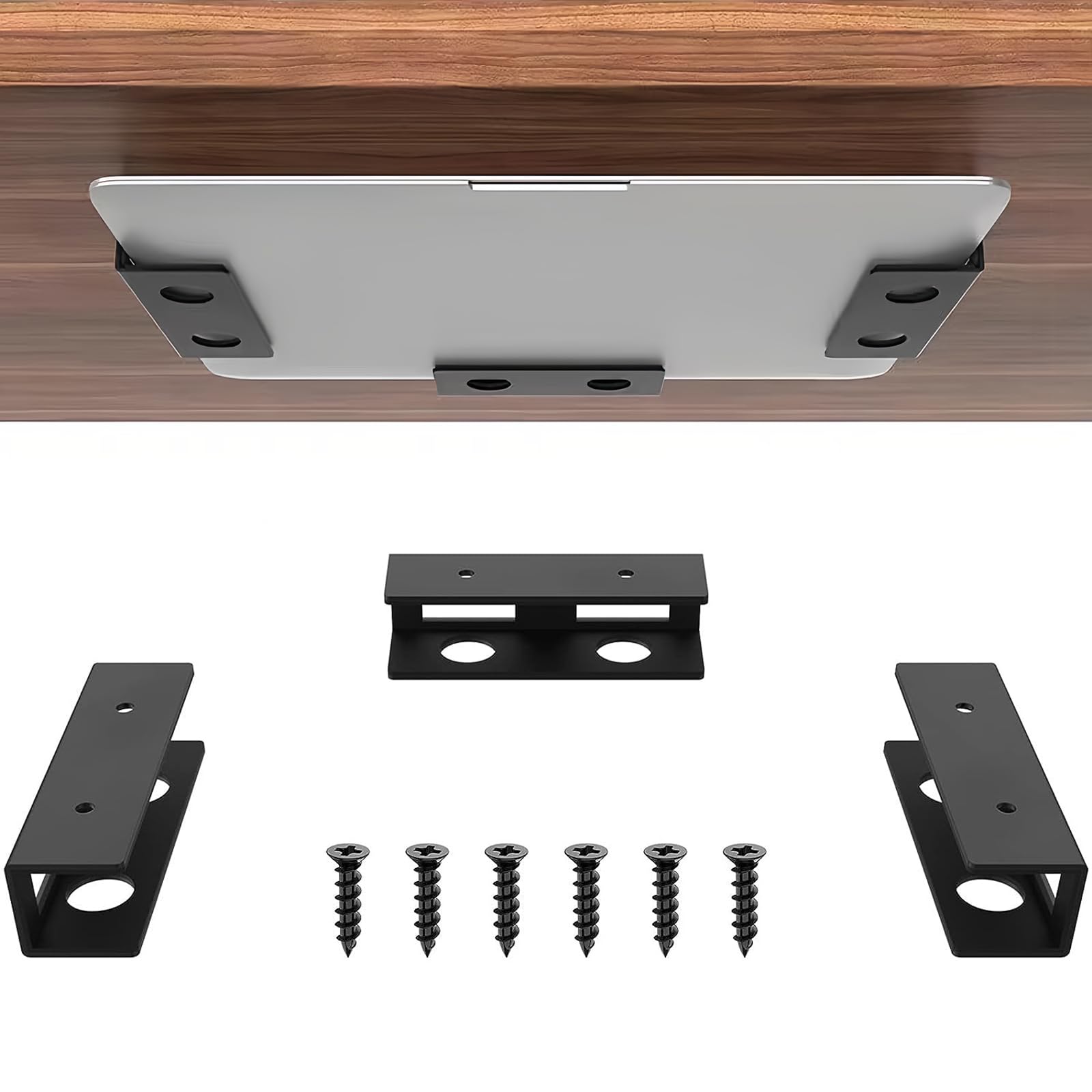 MOETYANG Under Desk Laptop Mount, Under Table Holder Storage for Laptop, Tablet, Keyboard, Mac Mini, MacBook, Organizer Rack Storage Shelf, Easy to Install with Screws or Adhesive Tape, Black