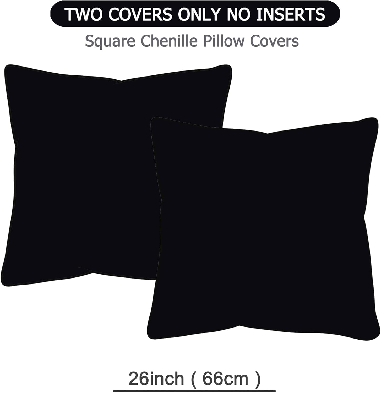 GAWAMAY Set of 2 Soft Textured Chenille Throw Pillow Covers 26x26 Inch (66x66 CM), Decorative Pillowcases Cushion Covers for Farmhouse Home Decor, Couch Living Room Sofa Bedroom Chair, Black