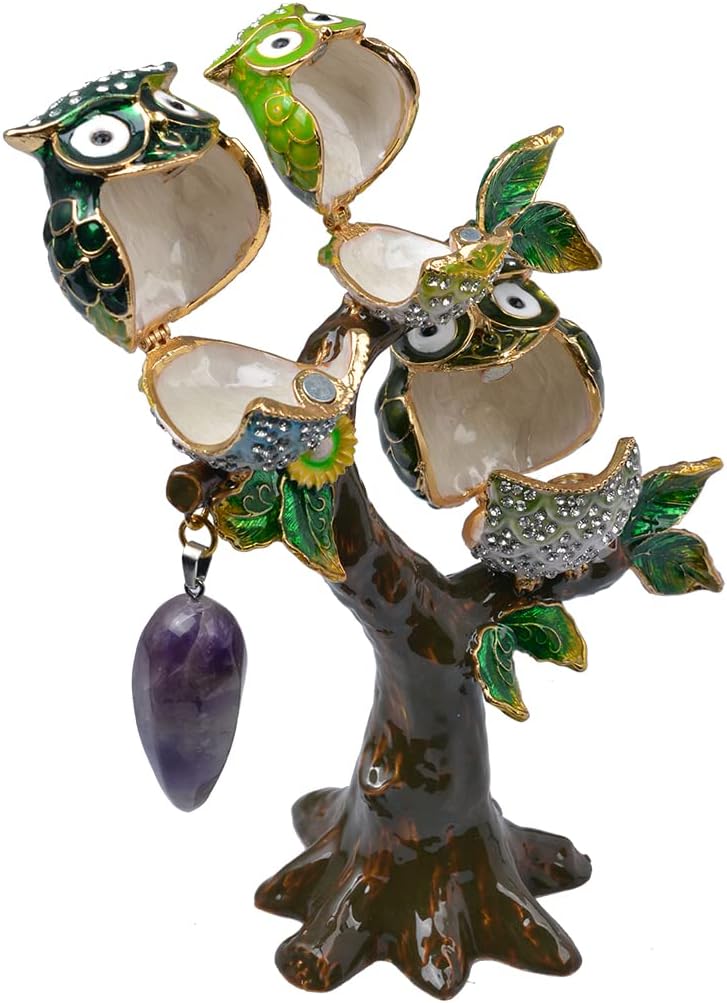 Golden Crystal Enameled Owl Figurine Jewelry Box, Hand-Painted Birds on Tree Scene, Elegant Home Décor & Unique Gift for Owl Lovers