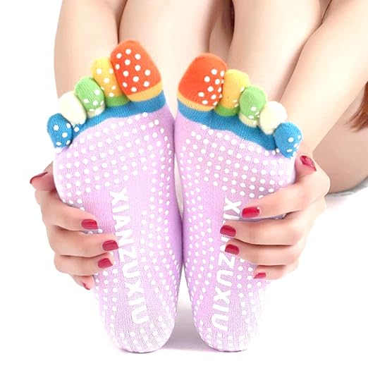 DealFry Five Finger Yoga Socks for Women/Men, Cotton Non-Slip Barre Socks with Grips/Straps Fitness Sock Shoes for Yoga, Barre, Pilates, Ballet, Dance, Workout (2 Pair Pack | Assorted) (Mix-10)