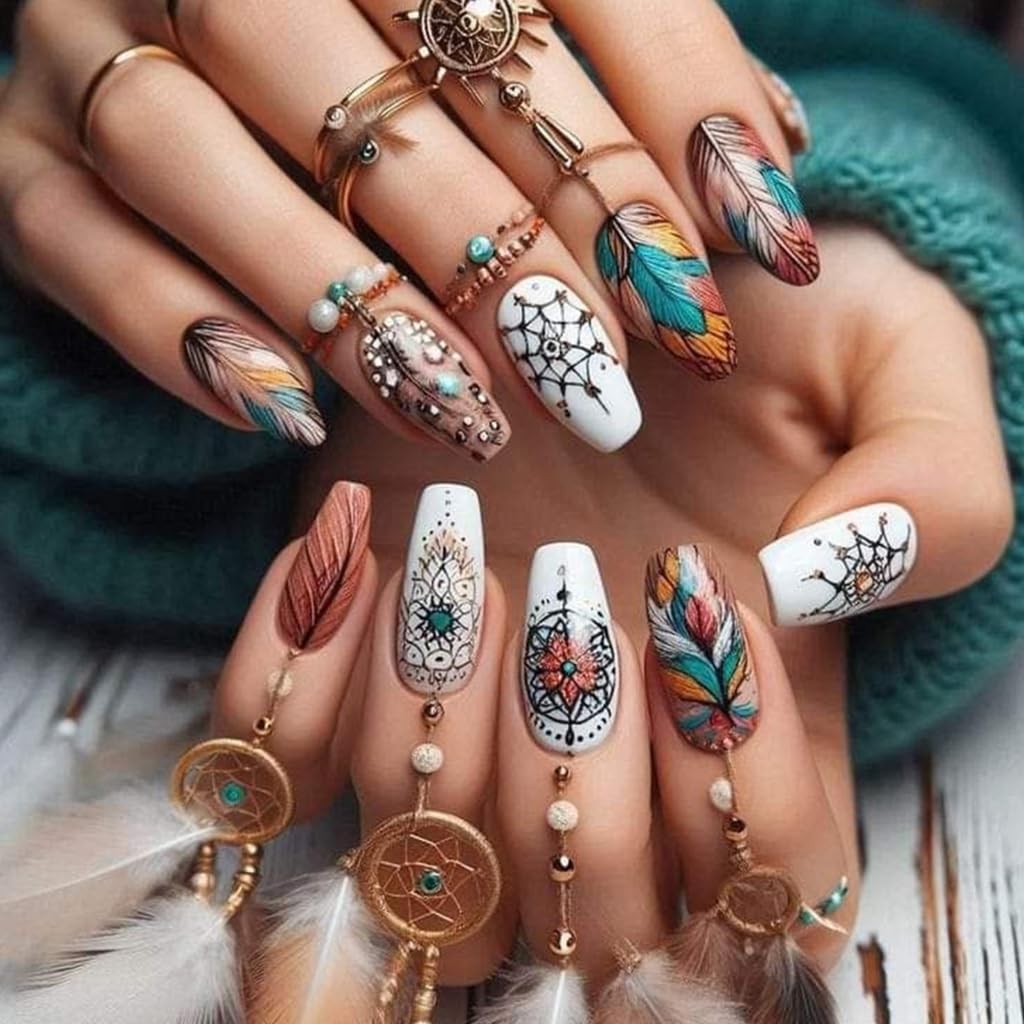 24pcs Fall Flowers False Nails Almond Shape with Unique Floral Designs Valentine Stick on Nails