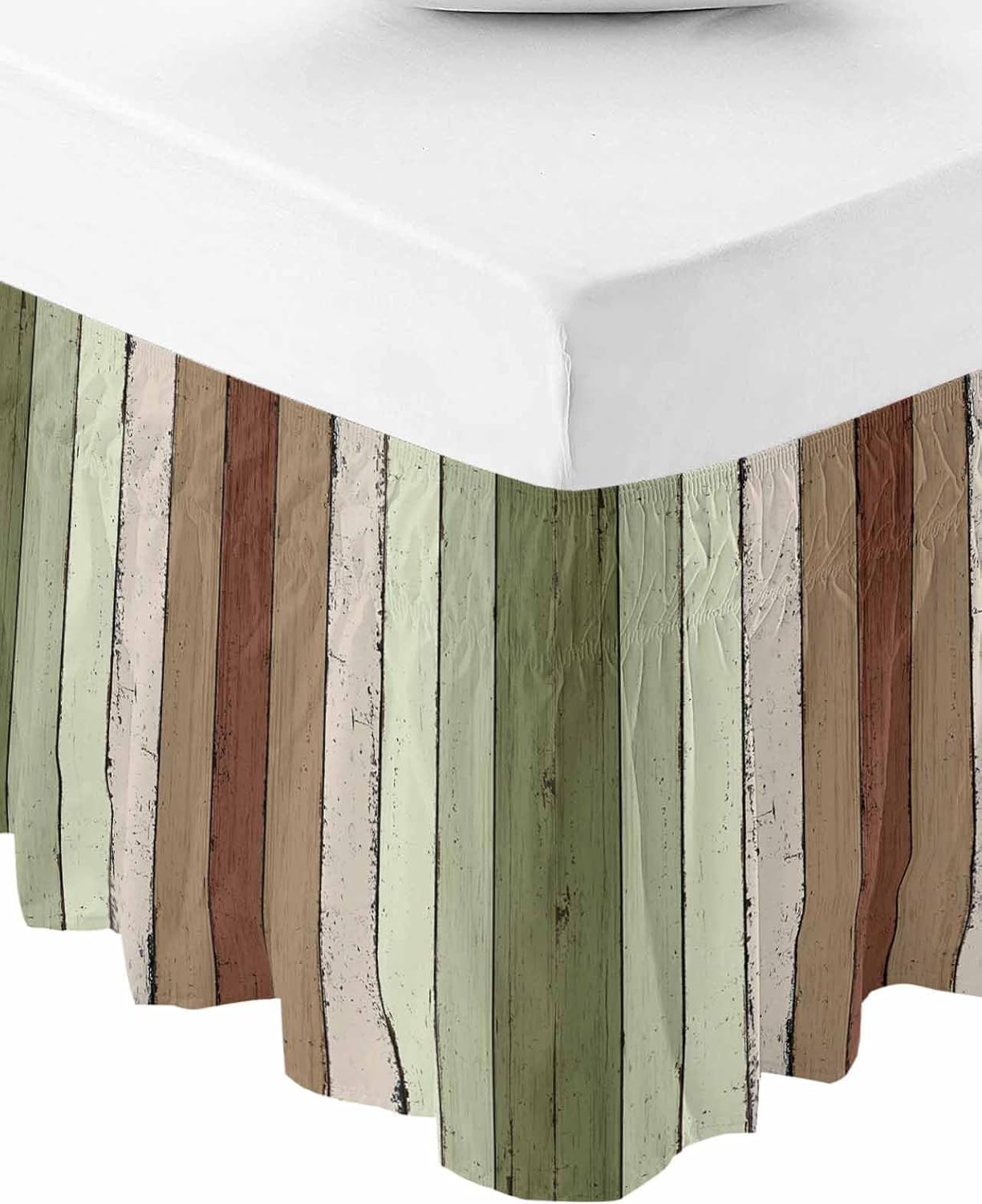 Farmhouse Sage Green Brown Bed Skirt Queen Size 16 Inch Drop, Adjustable Elastic Bedskirt Dust Ruffle for Queen Bed, Vintage Country Wooden Wrap Around Bed Skirts Pleated Bed Frame Cover