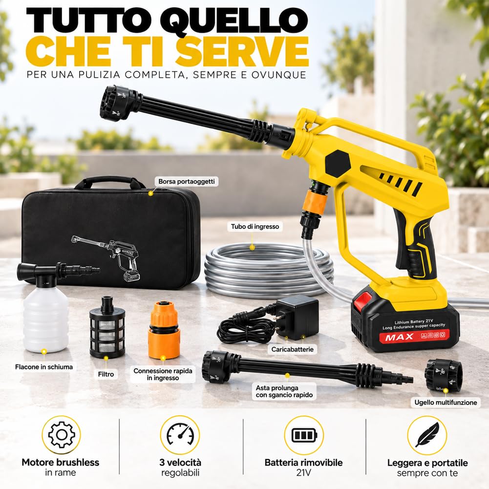 BAKAJI Idropulitrice Professionale ad Alta Pressione Potenza 350W 30 Bar con Borsa di Trasporto e Tantissimi Accessori, 3 Velocità Selezionabili, Ideale per Pulire Moto, Auto, Giardino, Balcone