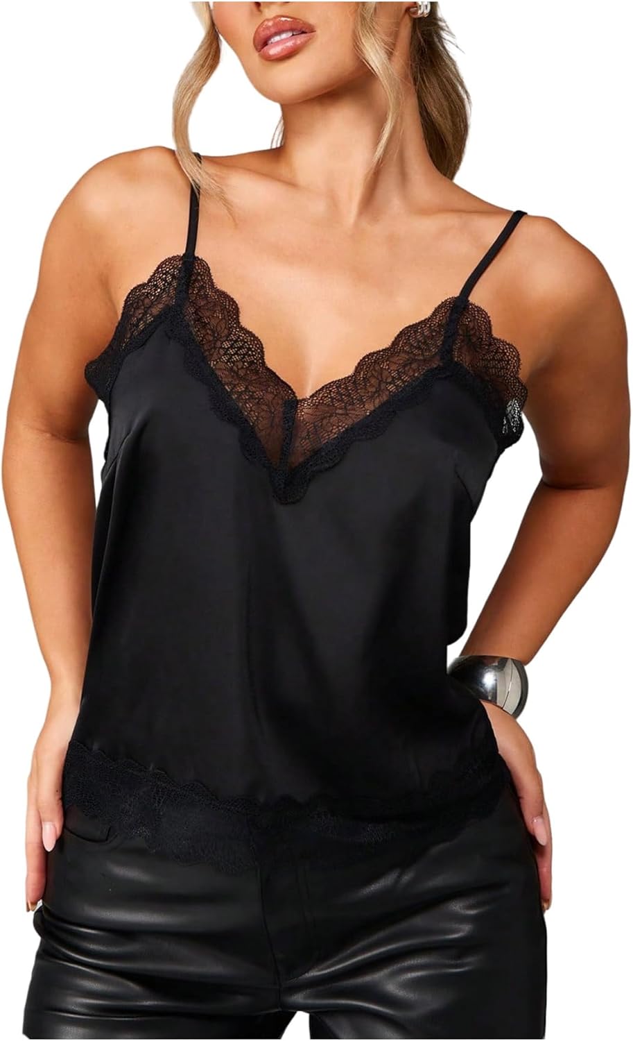 Floerns Women's Lace Trim V Neck Cami Top Spaghetti Strap Date Night Outfit Satin Camisole