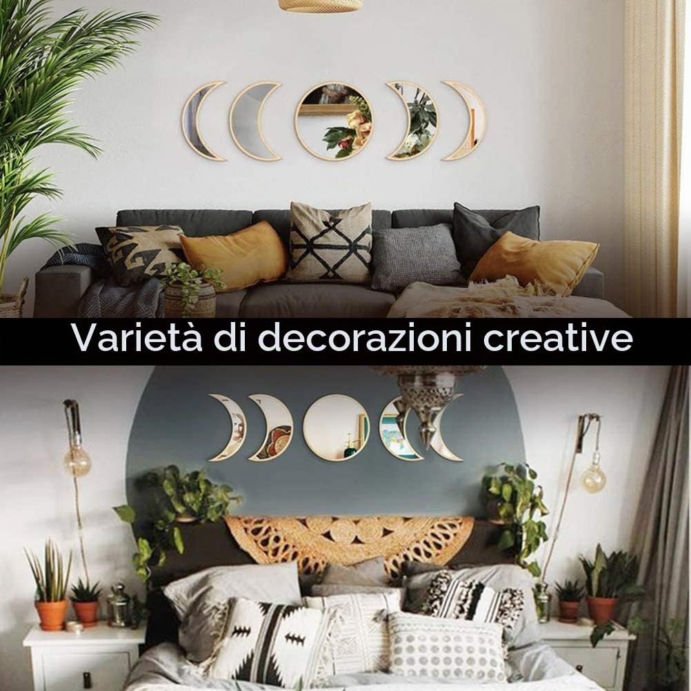 5 pezzi Decor Naturale acrilico Moonphase Specchi casa Design legno Moon Phase specchio boemo decorazione della parete