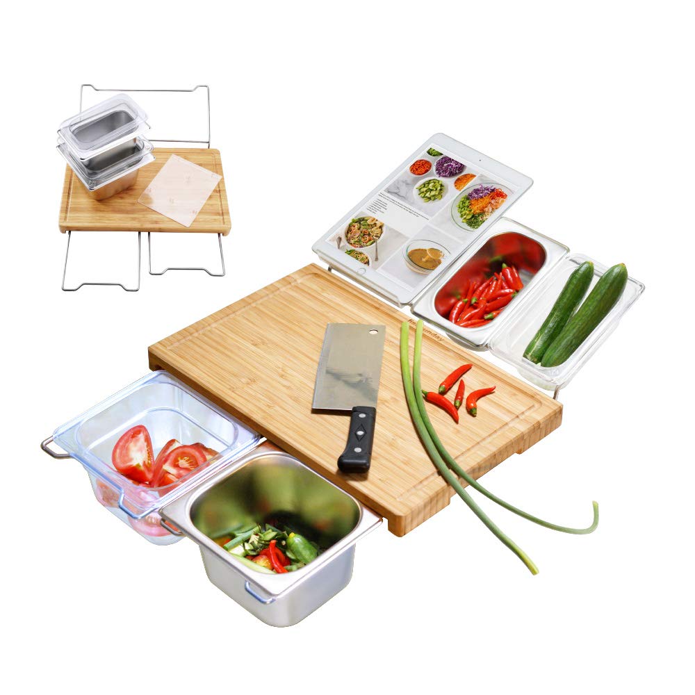 Durable Bamboo Cutting Board Set with 4 Container, Mats, Juice Groove for Kitchen, Wood Chopping for Meat Fruit Vegetables, Cheese Platter Service