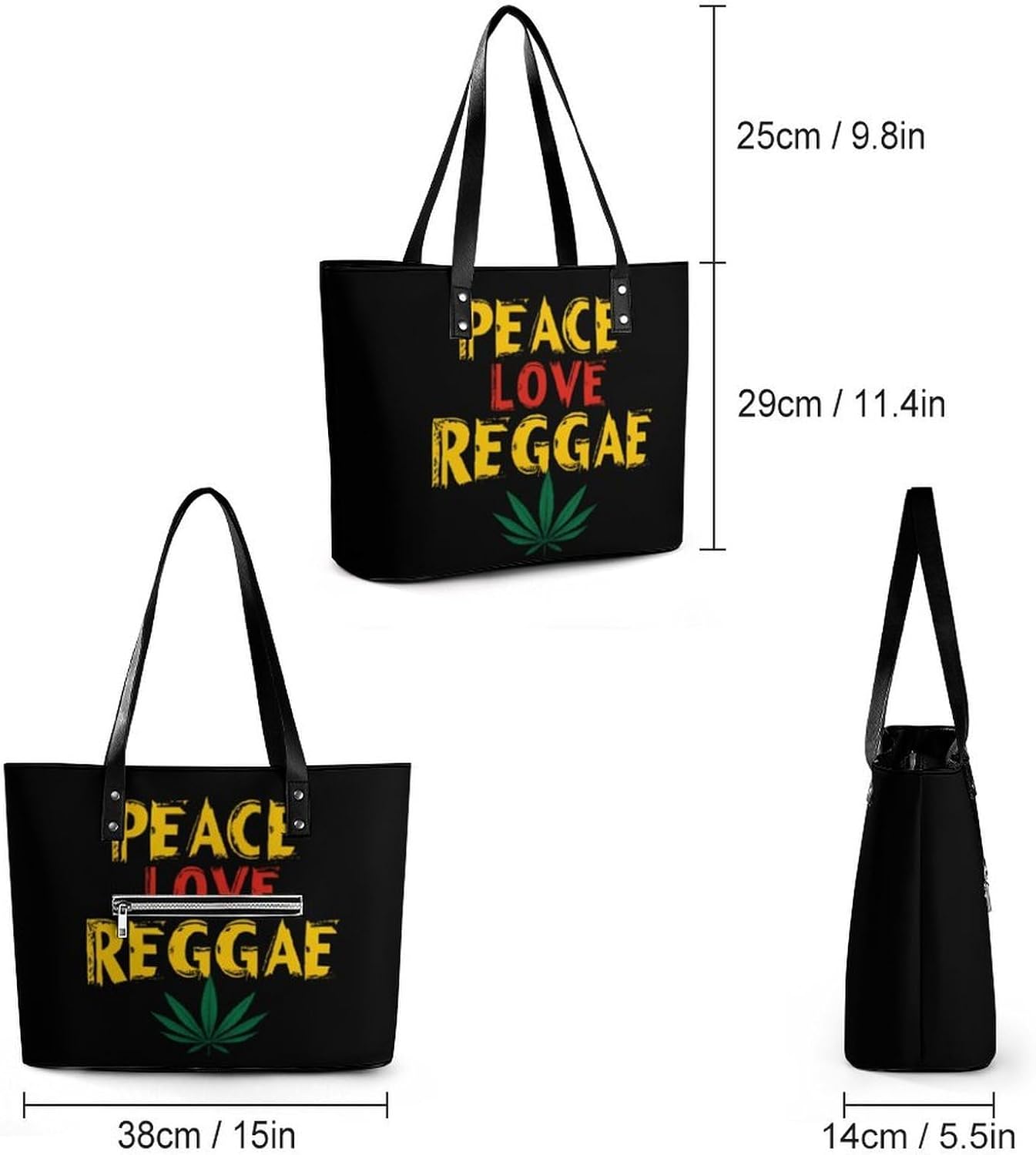 Peace Love Reggae Women's Satchel Handbags Tote Shoulder Bag Purses for Travel Shopping Work