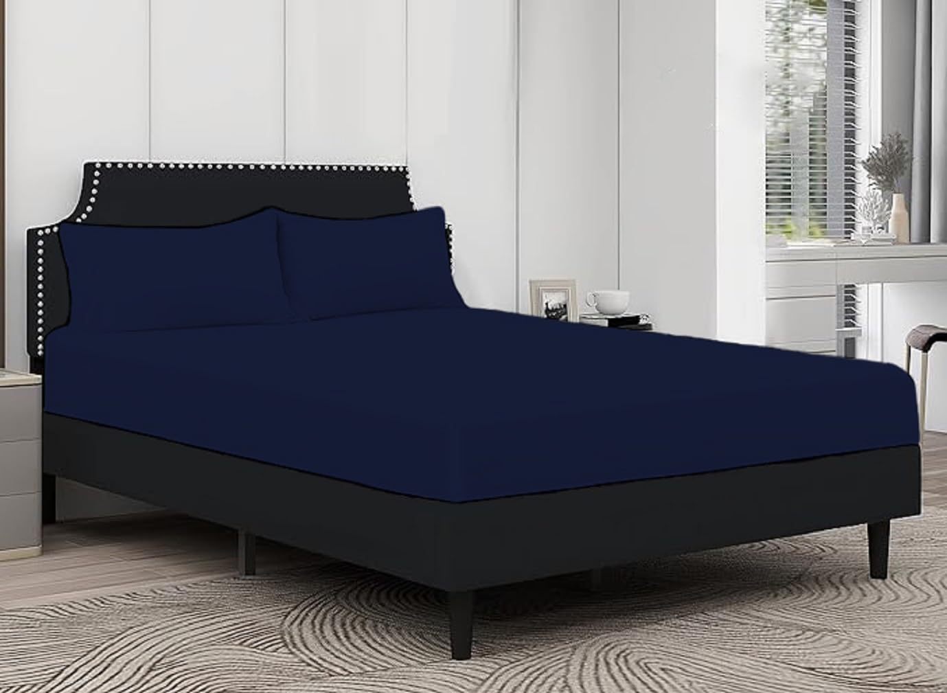 100% Egyptian Cotton Fitted Sheet 25cm Deep Mattress Pocket 200 Thread Count Soft & Fade Resistant Bottom Fitted Sheet (Navy, Super King)