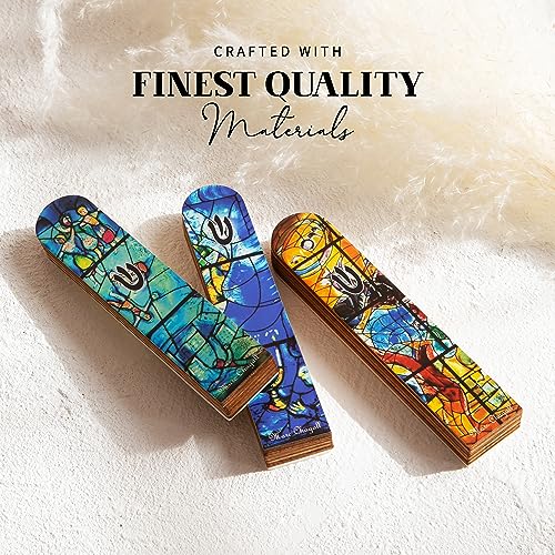 Image of SURI Wooden Mezuzah Case for Door - 5 Inch Yellow Chagall-Inspired Mezuza Cover with Printed Scroll, Self-Stick Adhesive, Fits a 4 Inch Scroll, Gift Box Included
