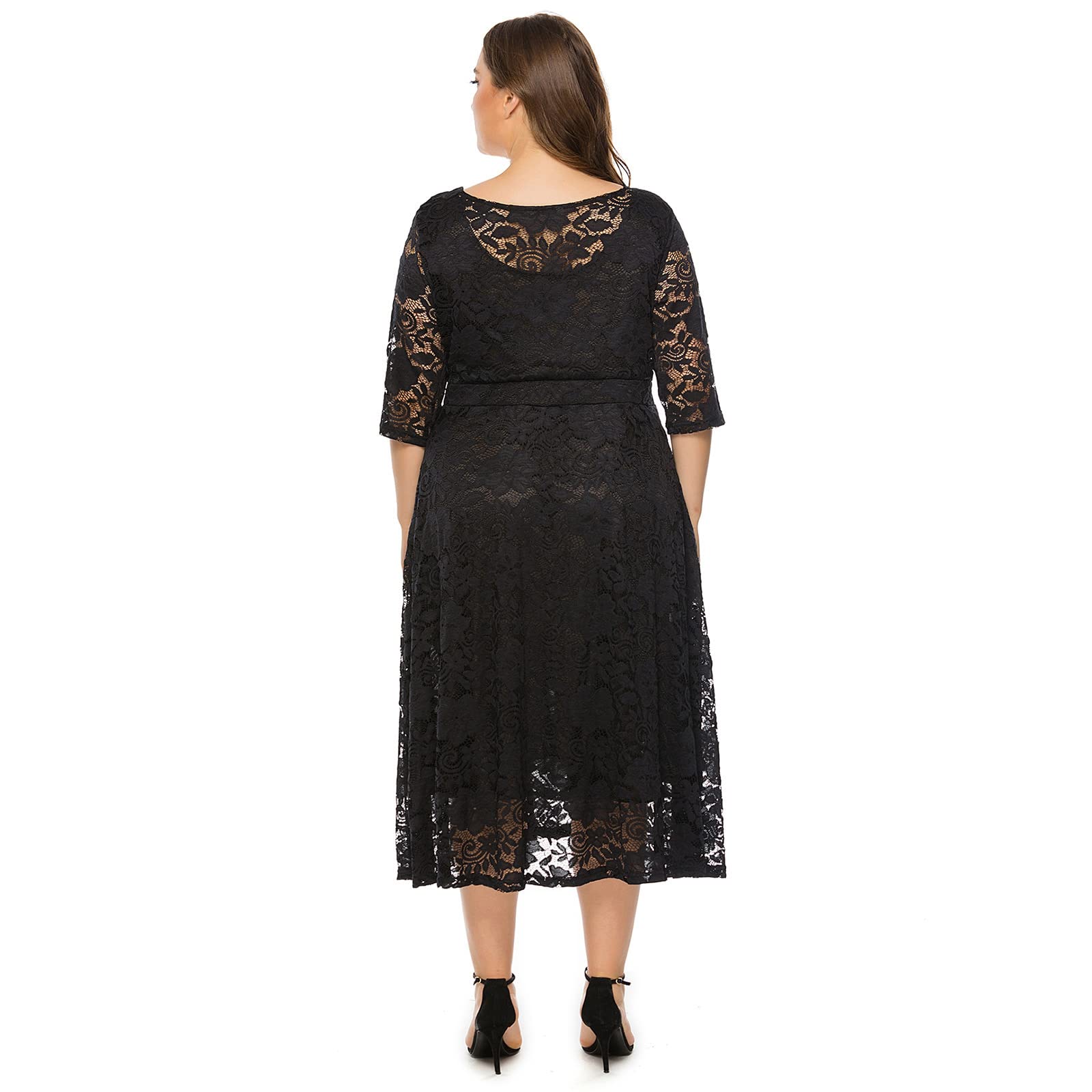Odizli Abito da donna, elegante, con maniche a 3/4, in pizzo, per matrimoni, feste, da sera, taglie forti