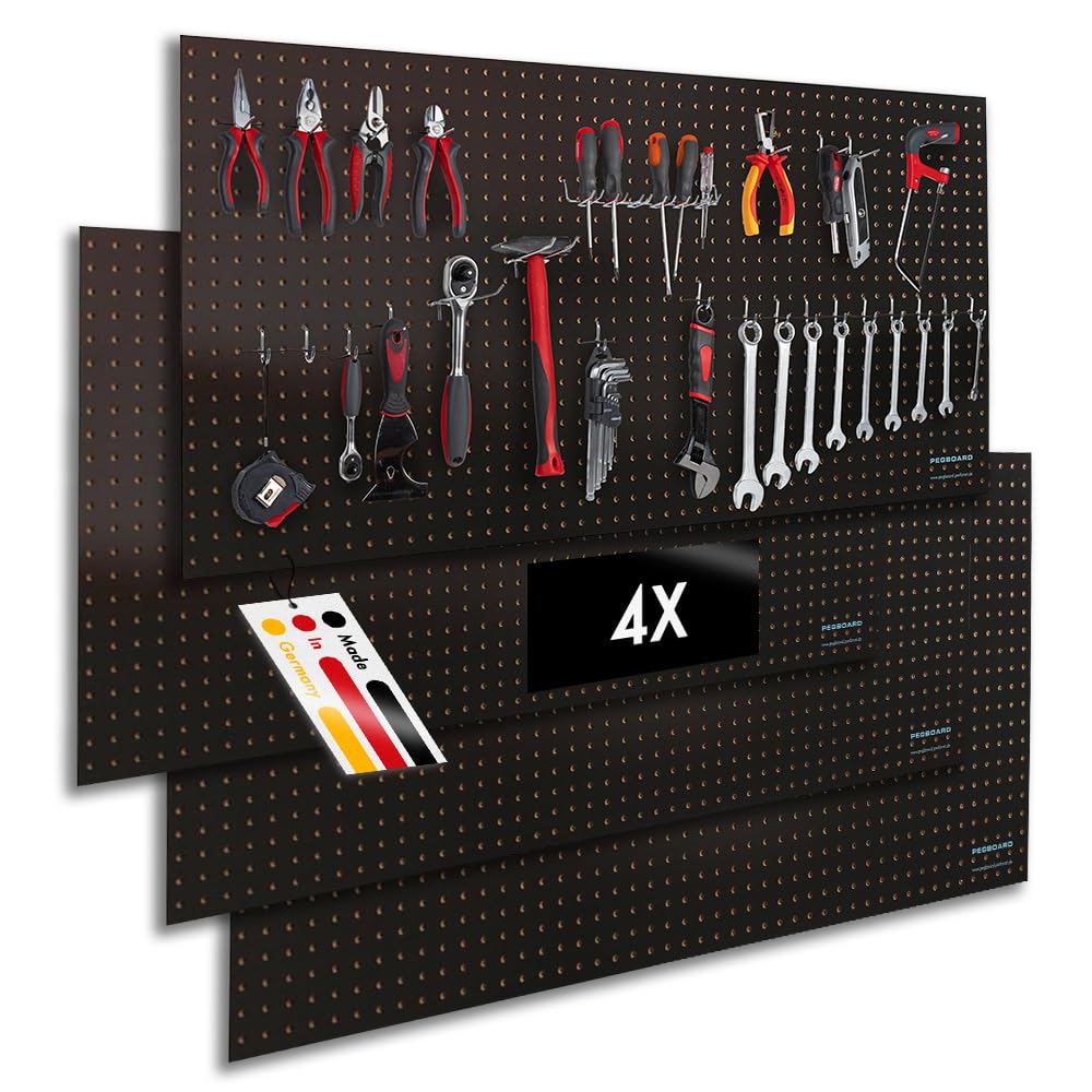 Pegboard 4 St. Werkzeugwand aus Holz (MDF) 120 x 60 x 0,5 cm - Lochung Ø7 mm Lochabstand 25,4 mm - schwarz lackiert - Made in Germany