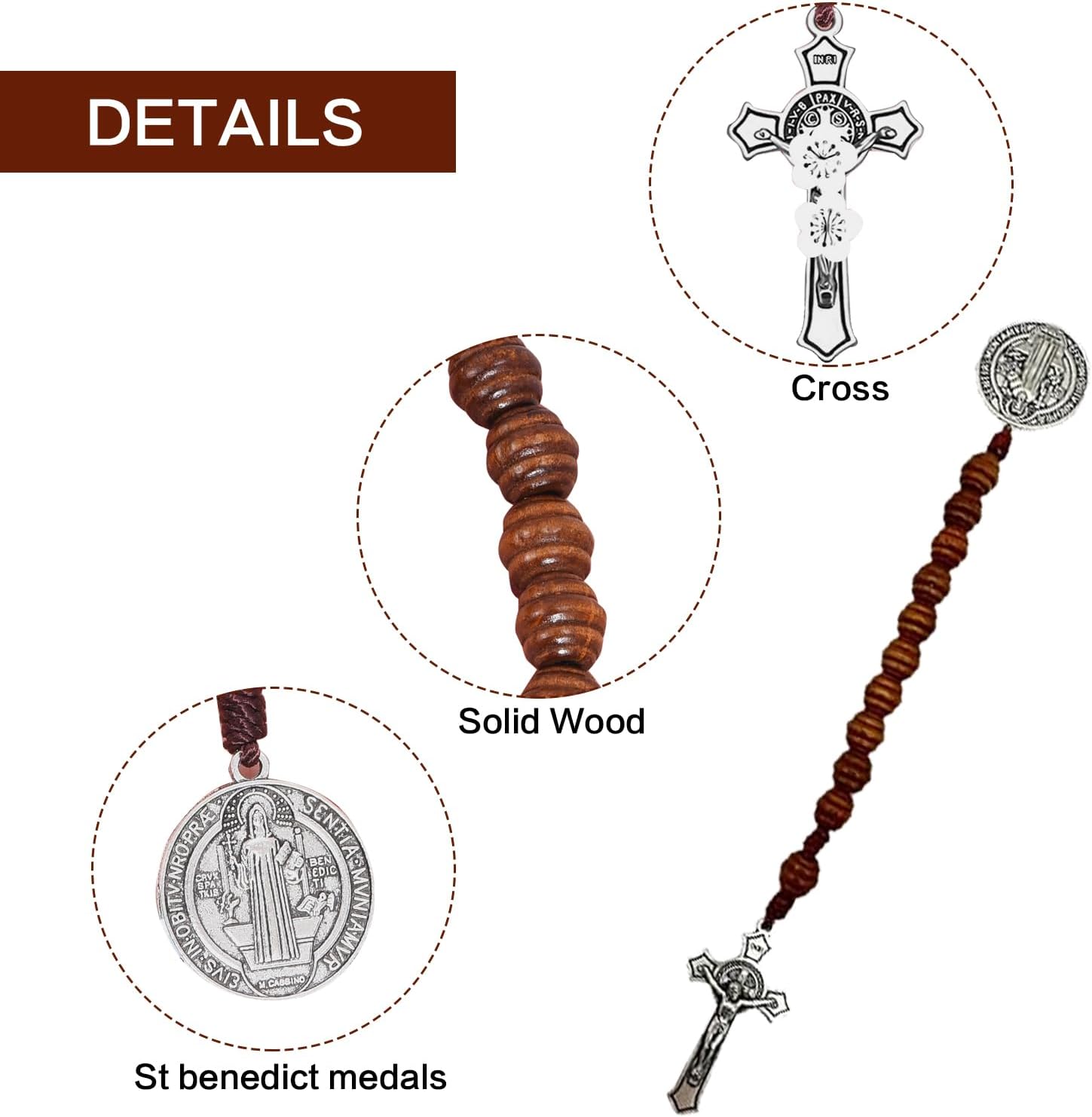 6 Pcs Saint Benedict Medal and Crucifix,Prayer Pocket Rosary for Men,Open Style Wooden Tenner Rosaries,Catholic Brown Wood Beads with Saints Medal and Cross,Gifts for Catholic Men,7.87 Inch - Image 3