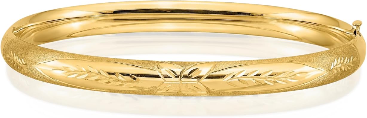 IceCarats 14K Solid Yellow Gold Florentine Leaf Hinged Bangle Bracelet 7 inch Diamond Cut, Matte For Her