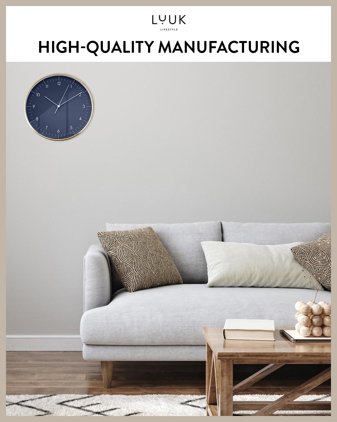 LUUK LIFESTYLE Modern Wall Clock with Silent Quartz Movement, Stylish & Functional, Decoration for Living Room, 12 inch, in Dark Blue & Gold