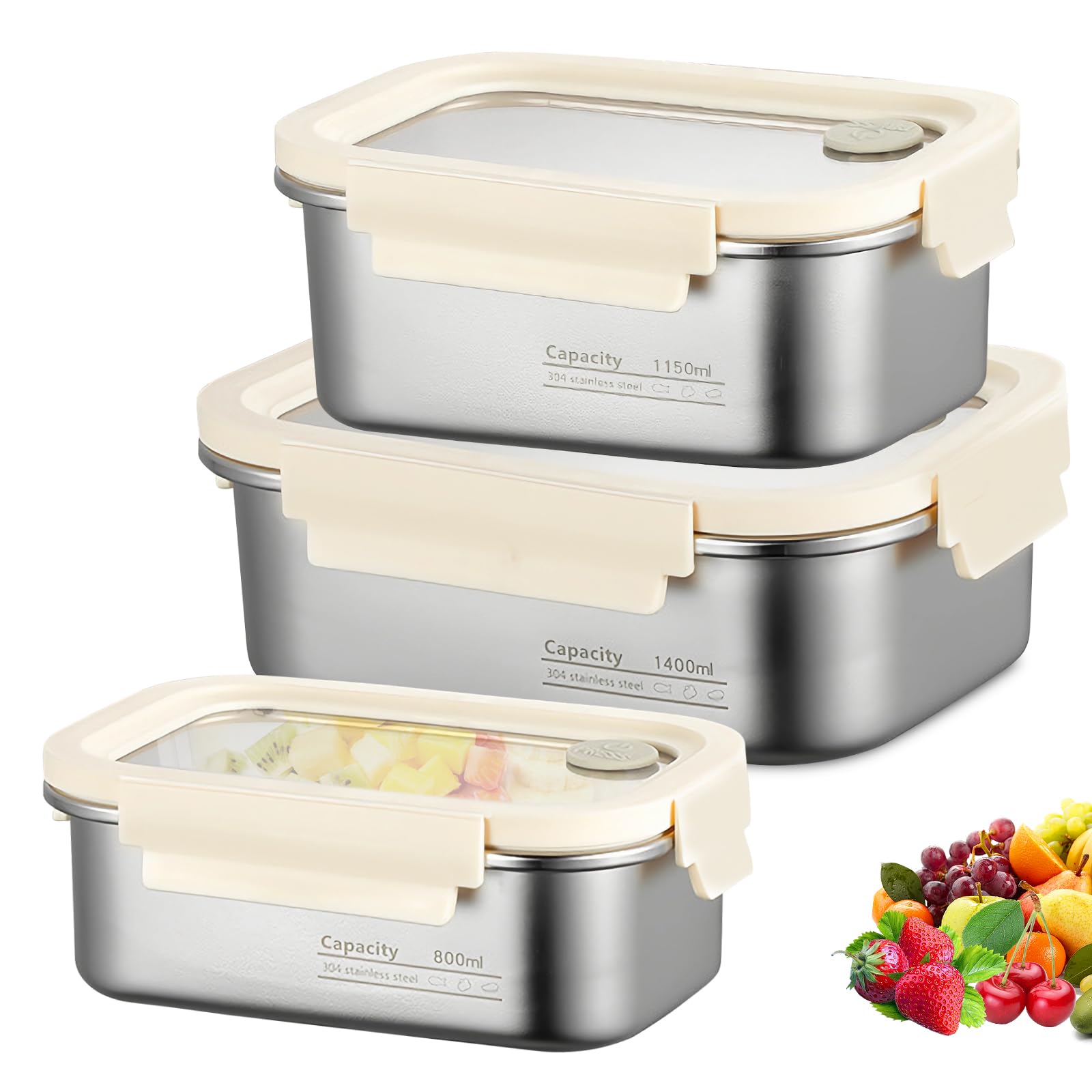 PORFOYO Set di 3 contenitori salvafreschezza con coperchio, 800 ml/1150 ml/1400 ml, in acciaio inox con coperchio trasparente, ermetici e a prova di perdite