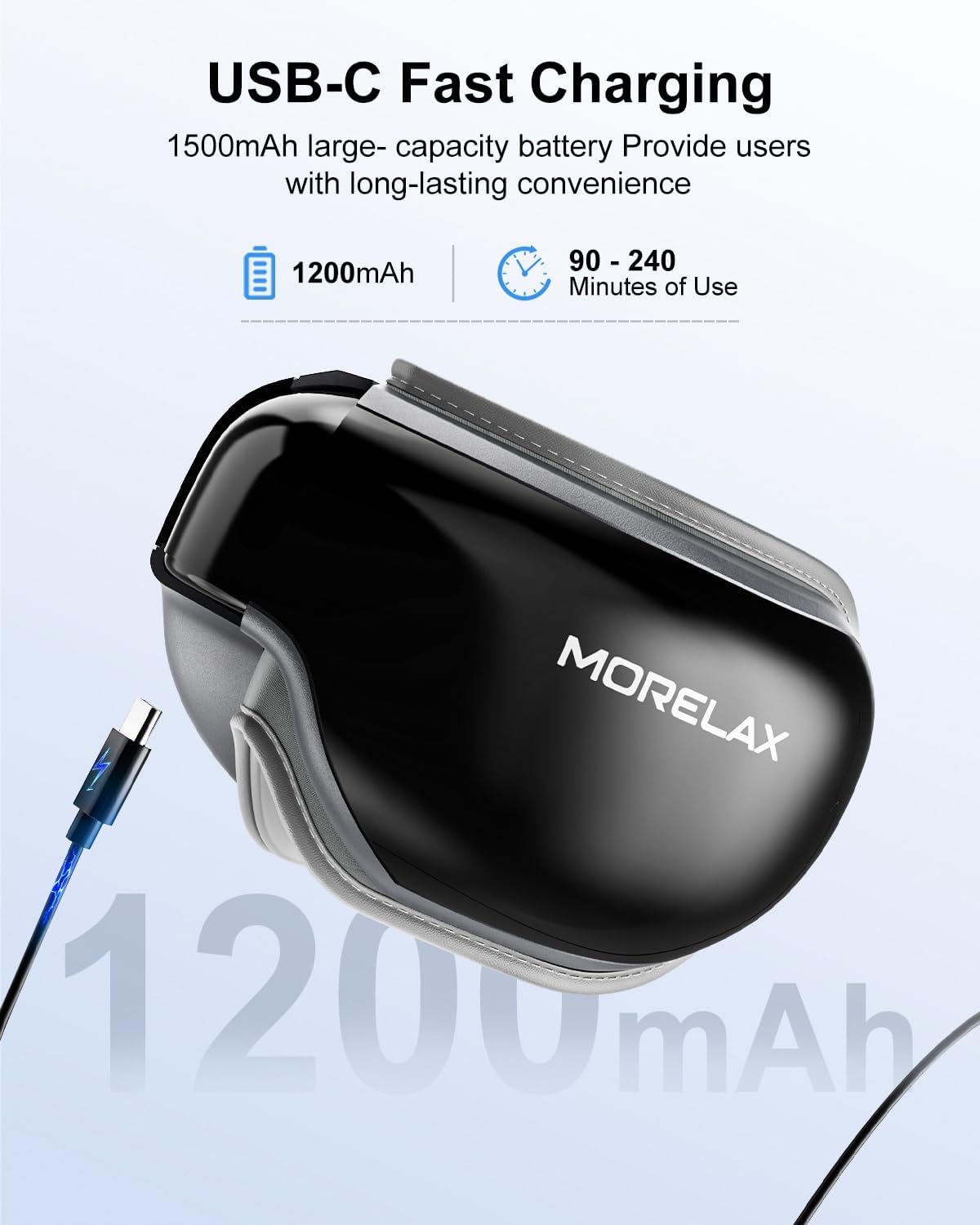 Morelax EYE-X1 Eye Massager with USB-C charging cable and instruction manual.