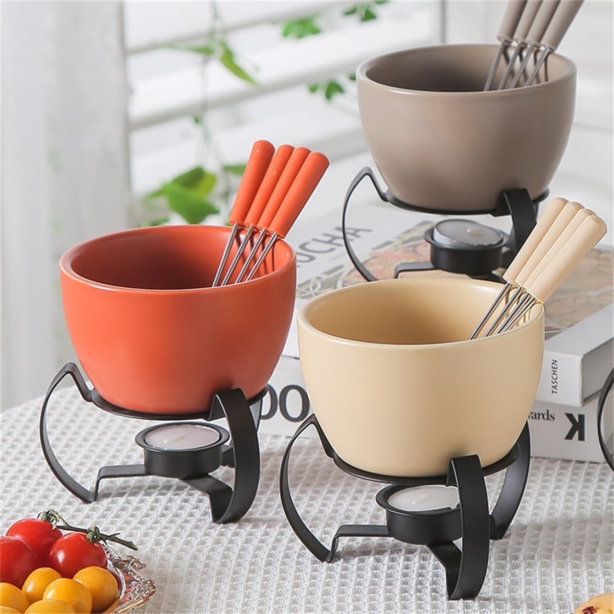 Ceramic Chocolate Fondue Pot with Forks, Safety Durable Hot Pot for Cheese & Ice Cream, Portable Ultra-Flexible & Easy to Clean(Orange)