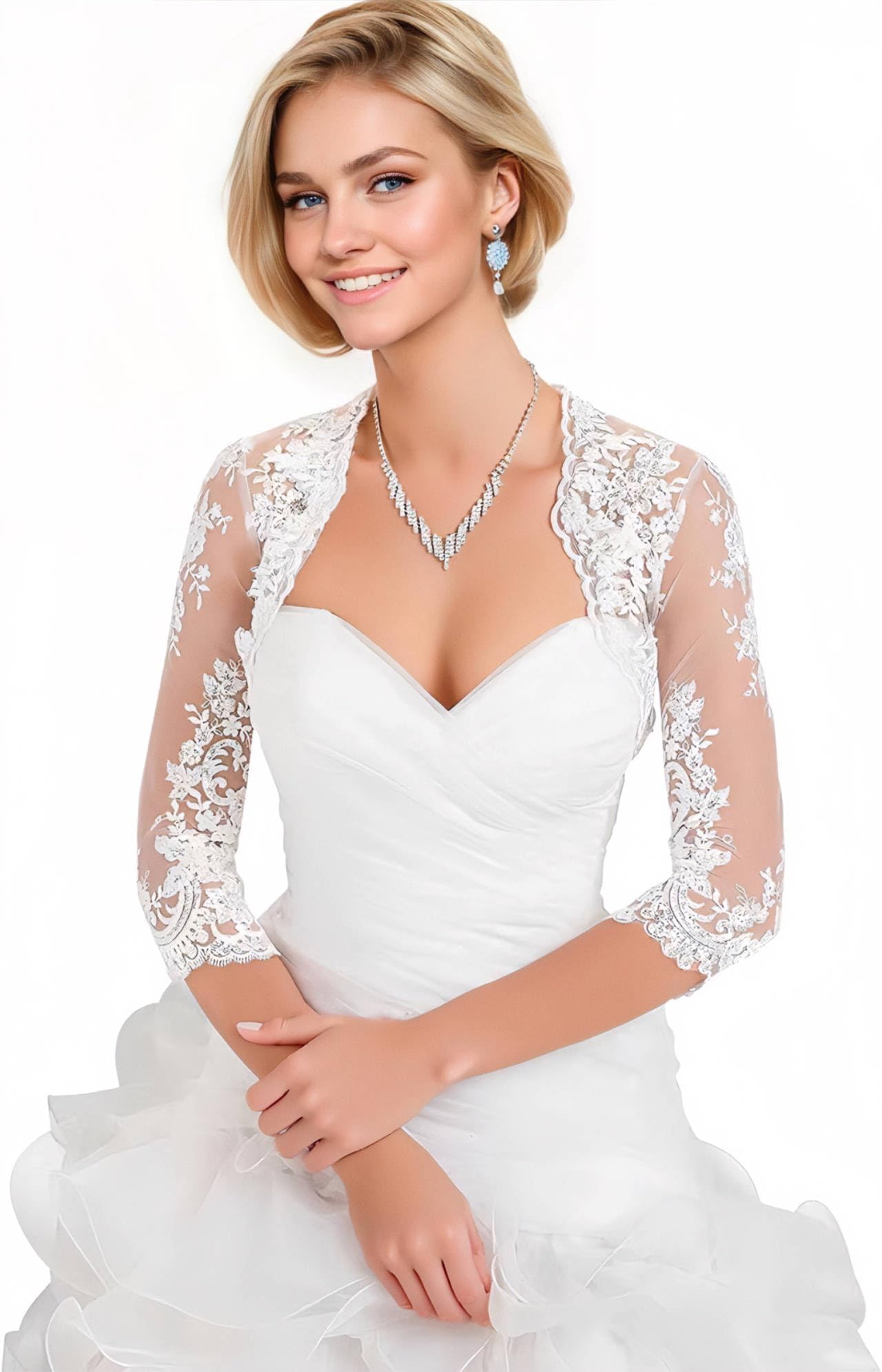 Damen Hochzeit Top Spitzenjacke für Braut Spitze Bolero Jacke Langarm