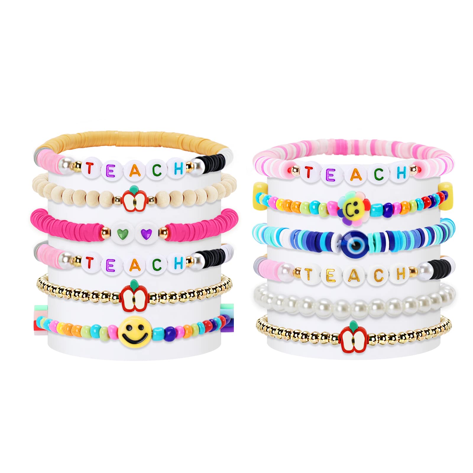 Yussti Teacher Appreciation Bracelets 12 PCS Teacher Bracelets Stackable Beaded Bracelets with Charms Back to School Teachers Gifts Thank You Gifts