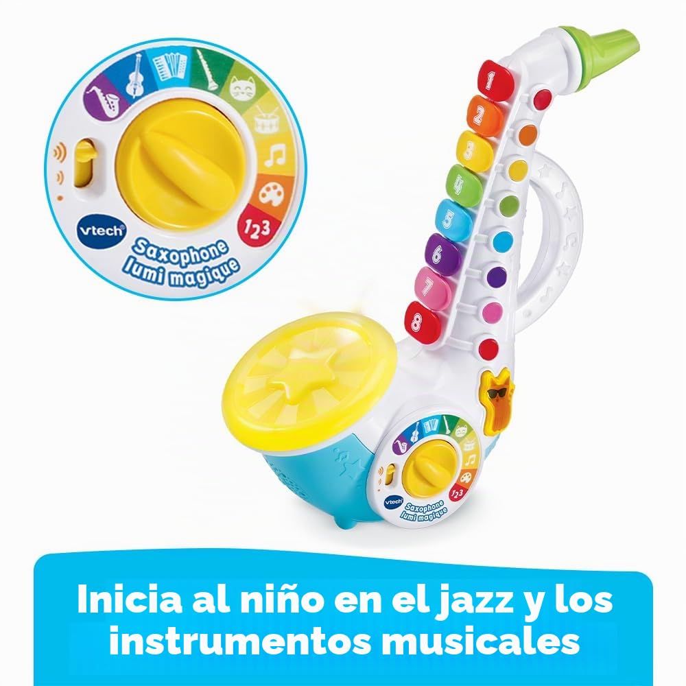 VTech Lumi - Saxofón mágico, Instrumento Musical de Jazz para niños, saxofón Interactivo con 8 Teclas Coloridas, 4 Canciones Infantiles, a Partir de 2 años