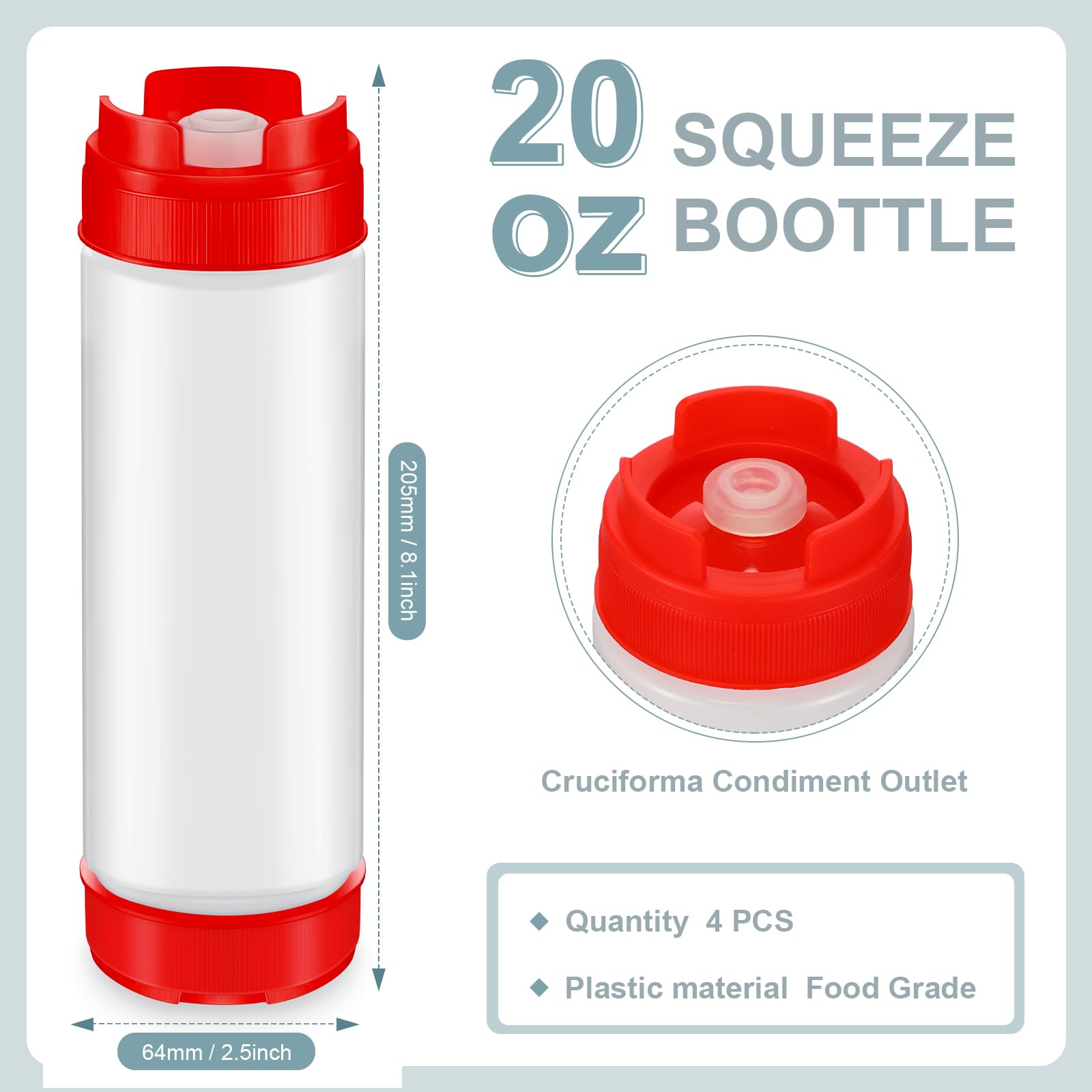 Didaey 4 botellas exprimibles recargables de 20 onzas, punta de plástico invertida, dispensador de válvula grande, botella de condimentos para salsas, ketchup, crema agria, dispensador de jarabe