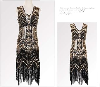 Women 1920 s Vintage Great Gatsby Dress Sequins Dress V-Neck Tassels Bodycon Beaded Party Dress Flapper Dresses Art Deco Double (M, Golden and Black)