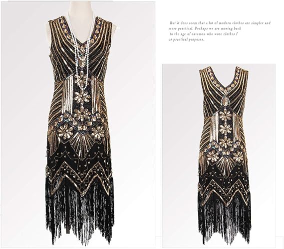 Women 1920 s Vintage Great Gatsby Dress Sequins Dress V-Neck Tassels Bodycon Beaded Party Dress Flapper Dresses Art Deco Double (M, Golden and Black)