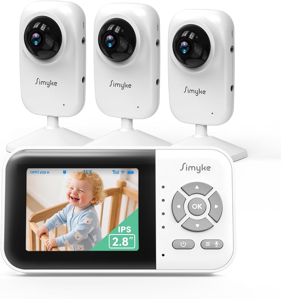 Simyke Upgrade Video Baby Monitor with 3 Cameras and Audio 2.8" Screen, Night Vision, APP, 2 Way Talk, 1200ft Long Range, Feeding Clock, Temperature Detection, Portable Wireless Baby Cam Home Use