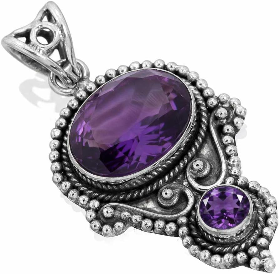 JEWELOPORIUM Boho Handmade Jewelry Chunky Natural Gemstone Rose Quartz, Amethyst, Crystal, Moonstone Oval - Round 925 Sterling Silver Overlay Pendant Necklace For Women