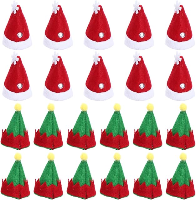 Amosfun 24pcs Christmas Mini Santa Hats Elf Hats Lollipop Candy Cover Cap Candy Packing Party Favors Doll Craft Decor for DIY Craft Tree Party Supplies