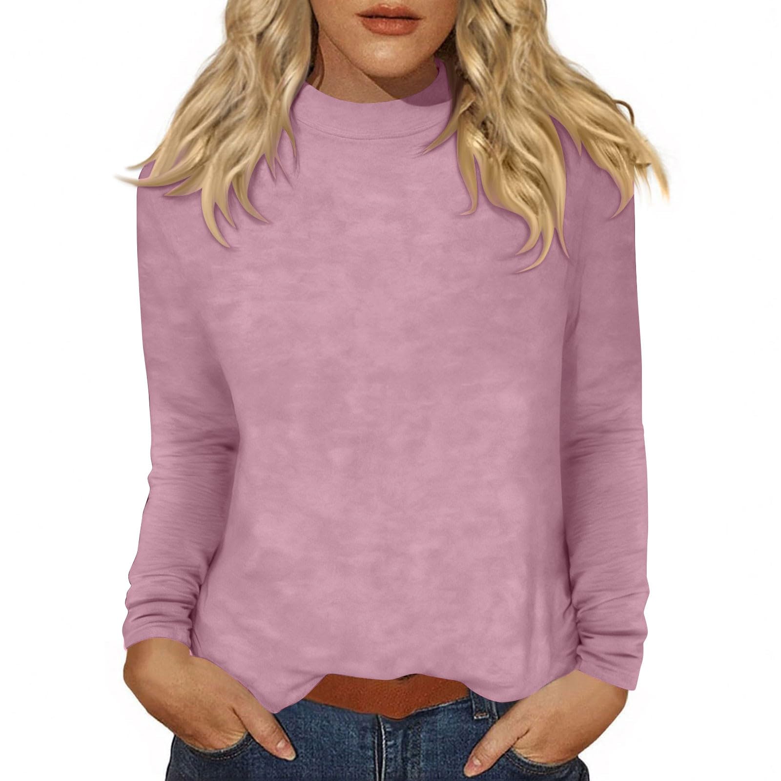 Camiseta Mujer Manga Larga Original Tops de Cuello Alto Primavera Otoño Color Sólido Sueltos Jersey T-Shirt Camisetas Basicas Pullover Deporte Fiesta Cómodo Casual Camisetas Interior Diario