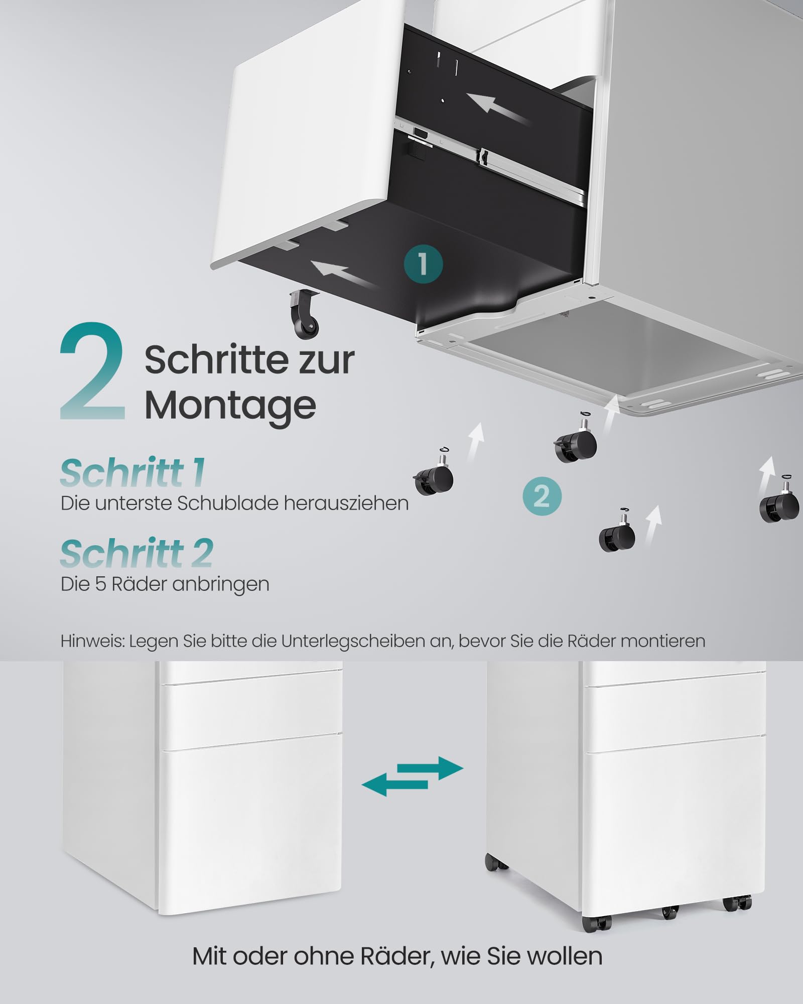SONGMICS Rollcontainer 3 Schubladen abschließbarer Aktenschrank Metallschrank Druckertisch Büro 50x39x59 cm mattweiß