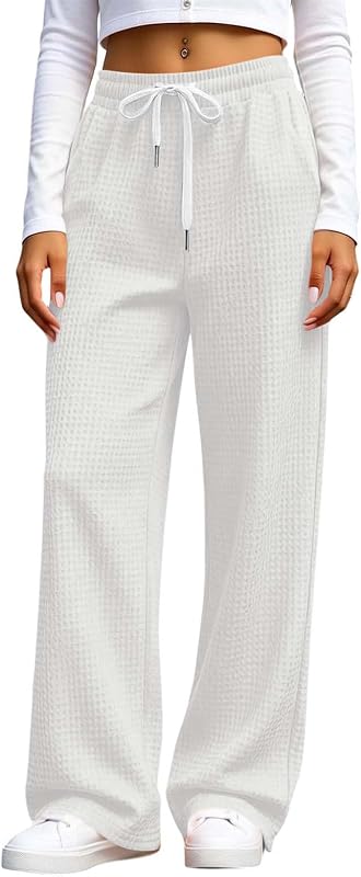 Pantalones de pierna ancha tipo gofre para mujer Pantalones de salón con cintura elástica con cordón
